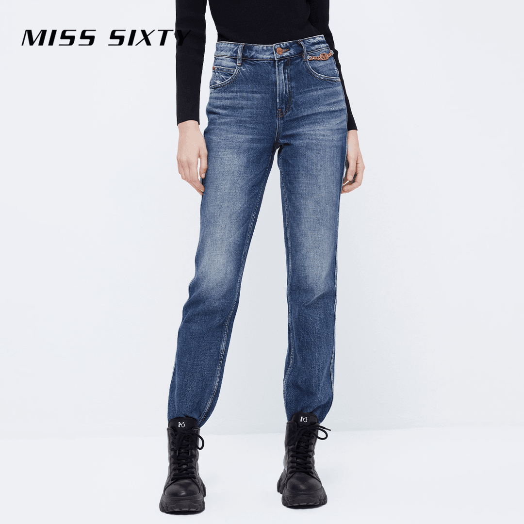 MissSixty百搭修身牛仔裤时尚春夏女士磨白显瘦直筒复古金属链
