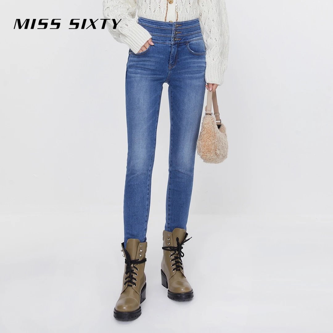 Miss Sixty冬季牛仔裤三环高腰紧身小脚裤保暖显瘦百搭潮