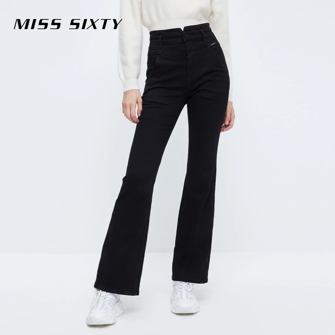 Miss Sixty秋冬季牛仔裤复古小V高腰磨毛微喇裤显瘦通勤风暗黑风