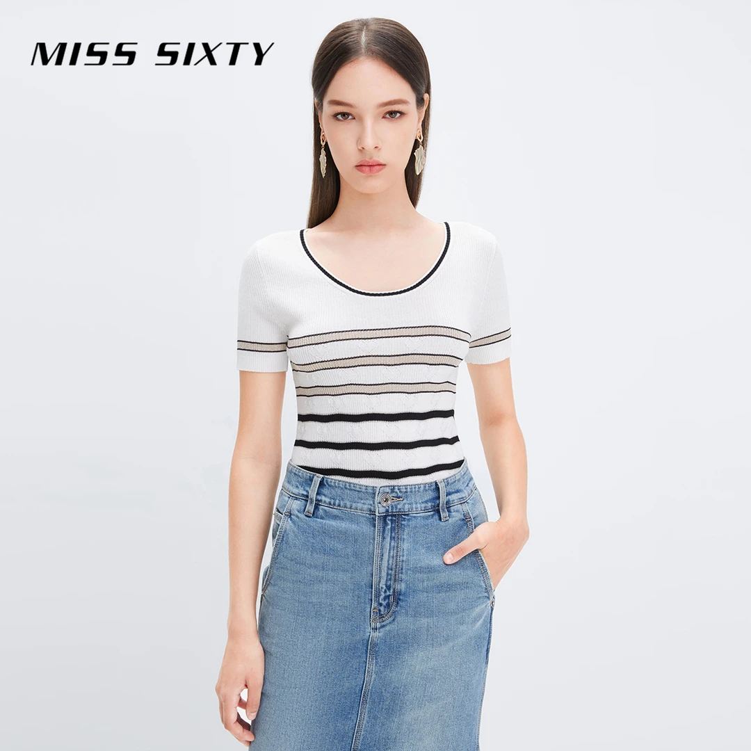 Miss Sixty2023套头衫女弹力修身毛针织衫拼接短袖薄款慵懒感白色