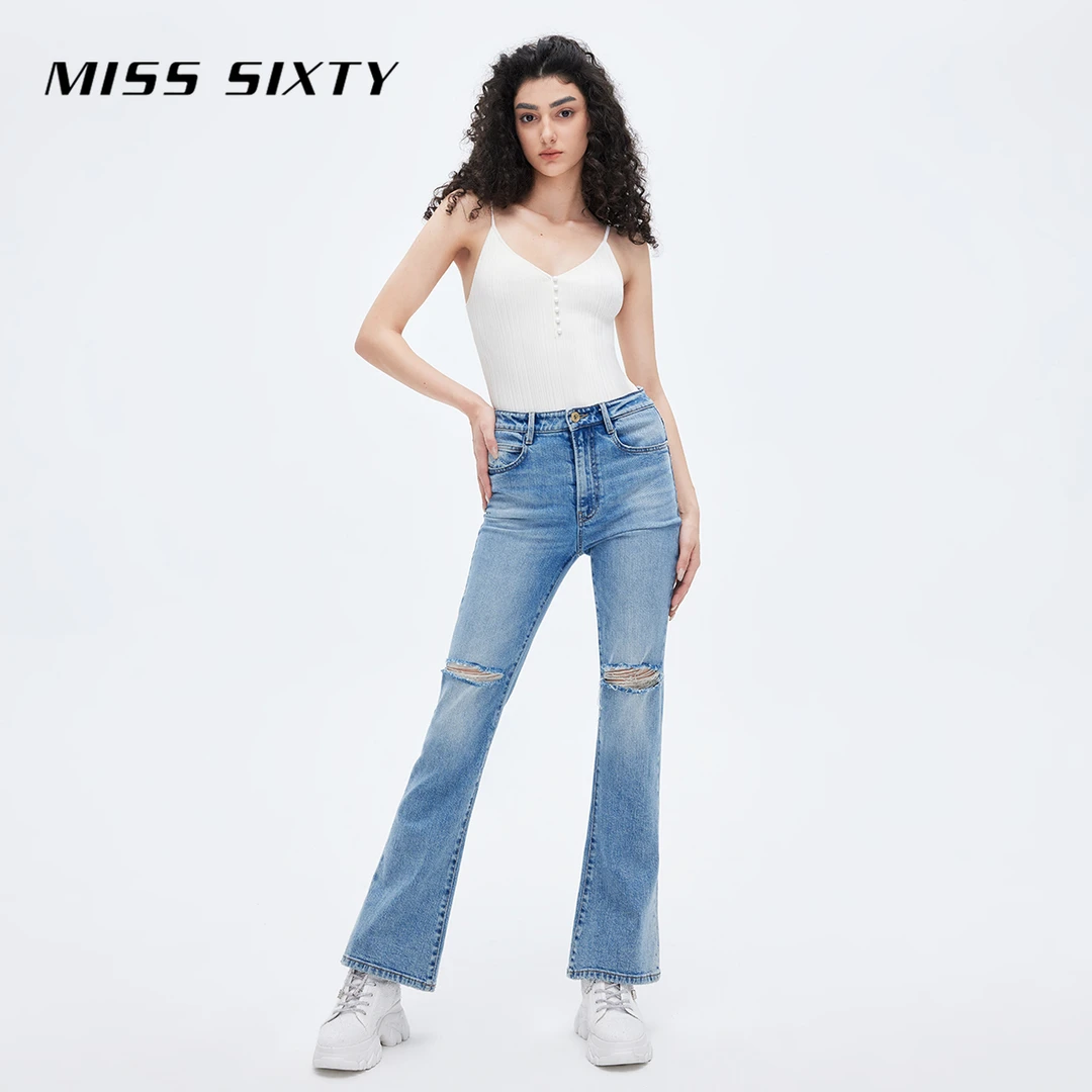 Miss Sixty春秋含桑蚕丝裤子破洞微喇女显瘦牛仔裤丹宁风尤莱特