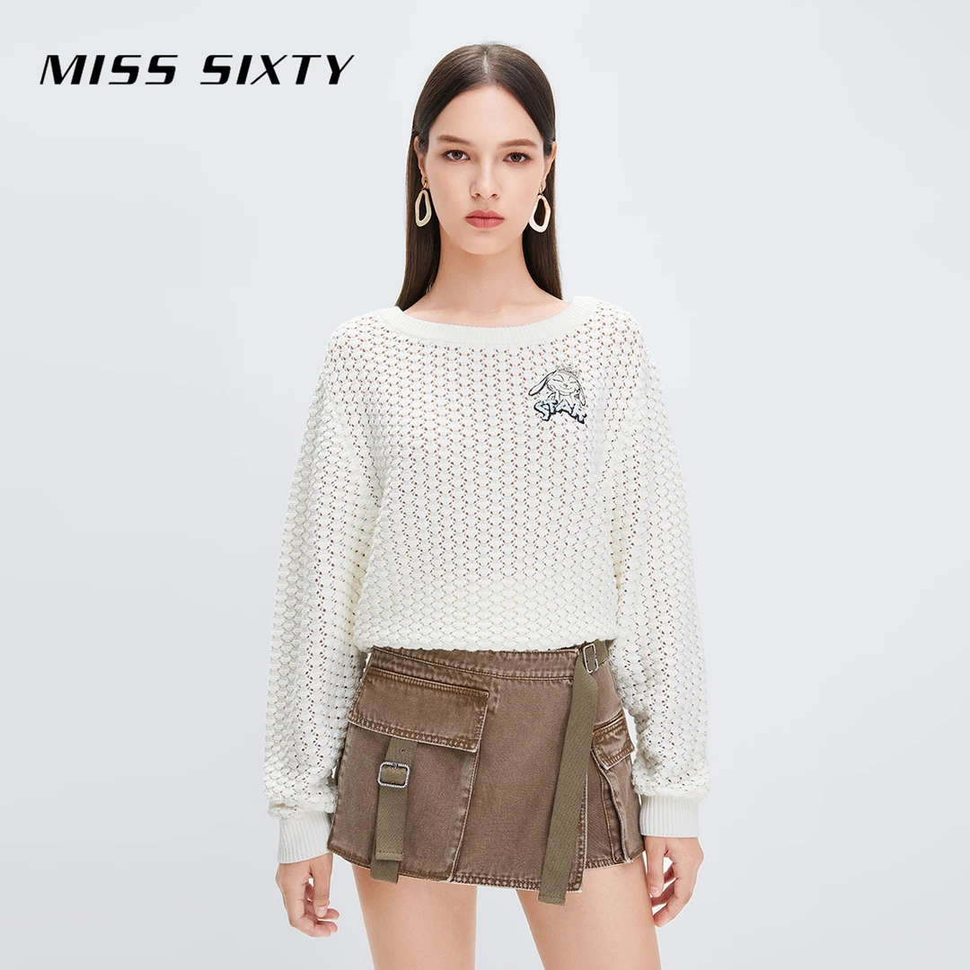 Miss Sixty2023夏季毛针织衫女圆领镂空宽松可爱卡通兔子风感波粒