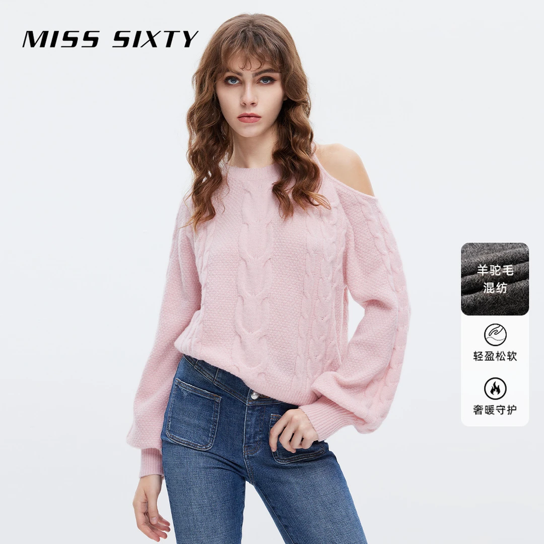 Miss Sixty2023秋季毛针织衫女露肩复古灯笼袖温柔气质新年穿搭