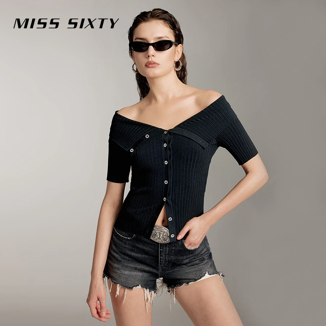 Miss Sixty夏季新款针织衫女性感一字肩修身显瘦辣妹尤莱特