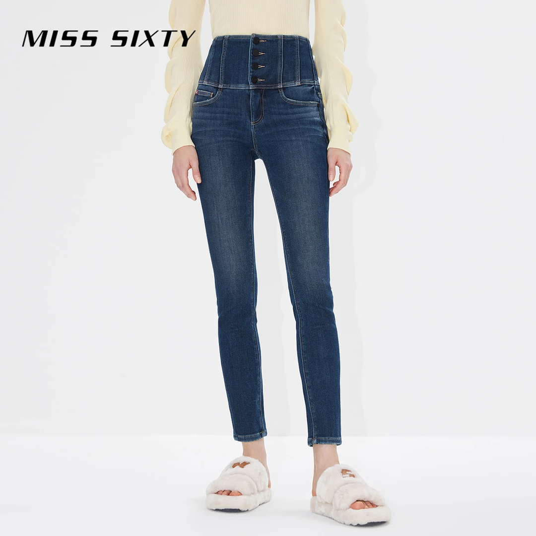 Miss Sixty冬季复合牛仔裤女四扣超高腰显瘦小脚裤加绒紧身保暖