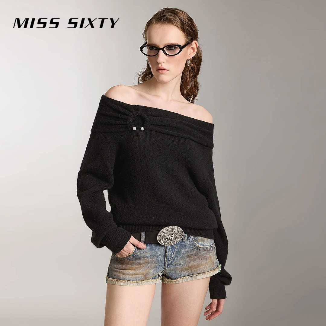 Miss Sixty绵羊毛针织衫女性感一字肩两穿短款毛衣气质简约慵懒