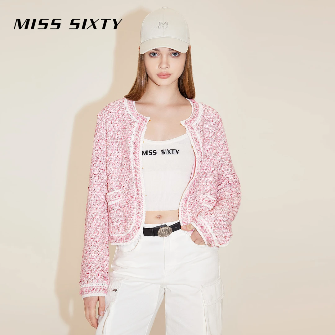 Miss Sixty秋新款毛织外套女圆领气质小香千金风开衫风感波粒