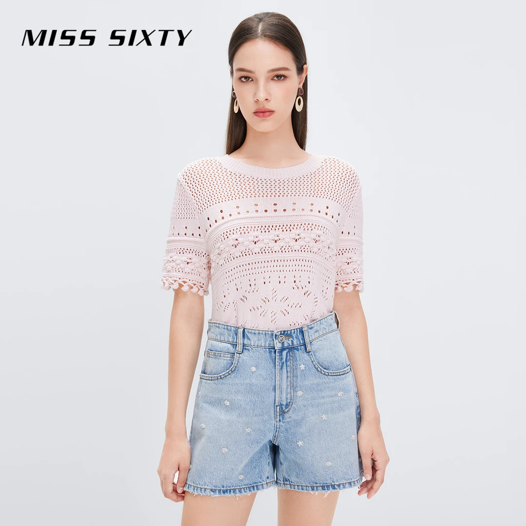 Miss Sixty夏季套头衫女圆领毛织镂空流苏休闲度假风薄款上衣