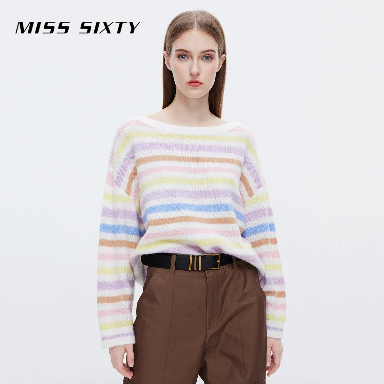 Miss Sixty2023秋季毛针织衫女圆领条纹复古气质氛围感新年穿搭