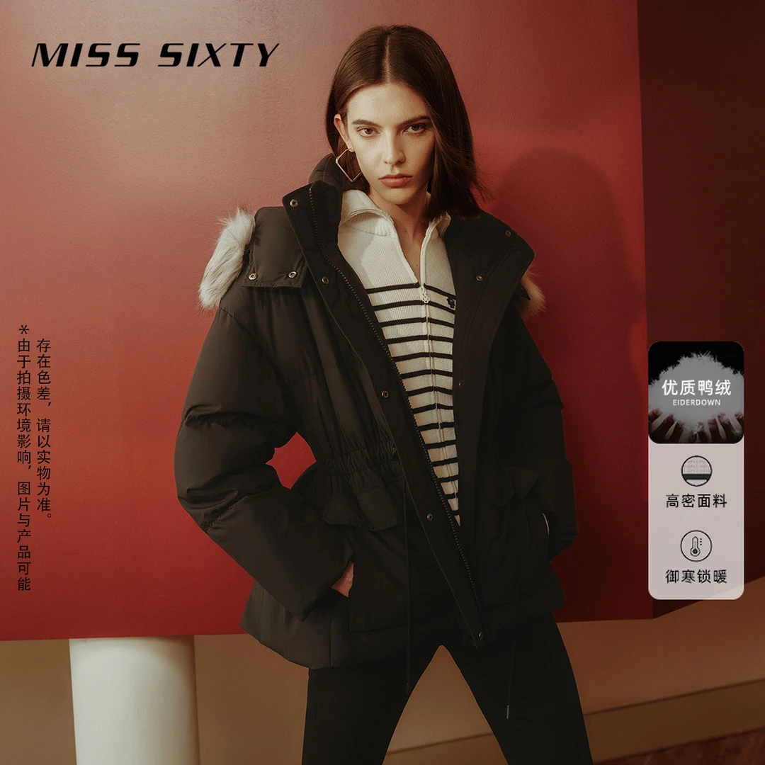 MissSixty白鸭绒羽绒外套女可拆帽子毛领保暖收腰显瘦气质高能感
