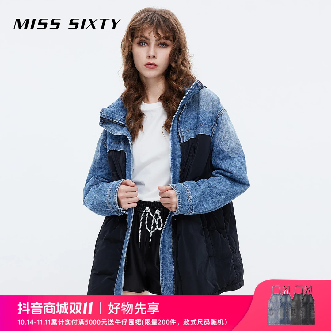MissSixty牛仔白鸭绒羽绒外套女个性拼接显瘦中长款潮时尚