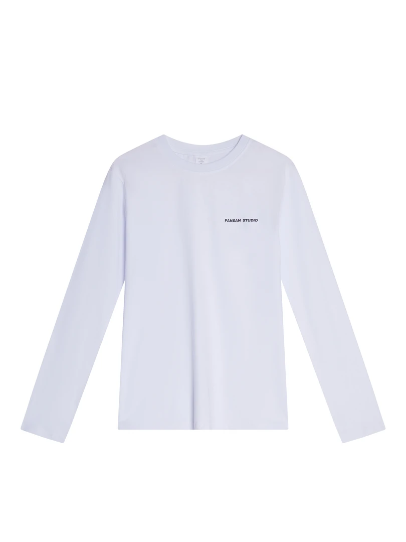 FANSAN STUDIO2025秋季白色圆领宽松长袖t恤男女情侣学生上衣纯棉
