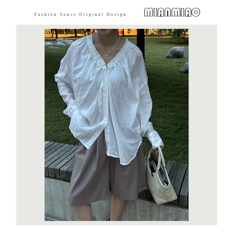 【SHA.Li】秋日烂漫 木耳边亚麻褶皱衬衫设计感衬衣 Q24CS7271