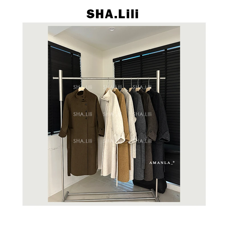 【SHA.Li】清格柔 轻奢立领气质韩系长款系带双面毛呢大衣D24DY9122