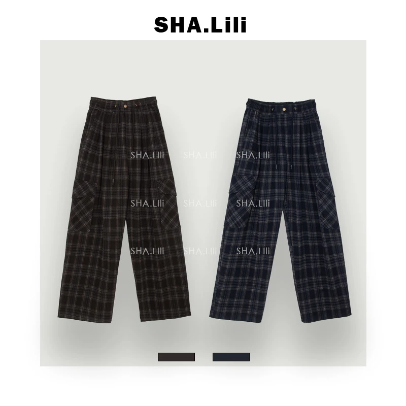 【SHA.Li】莫妮卡的心事 韩系秋抽绳腰格子休闲宽松阔腿裤Q24K85392
