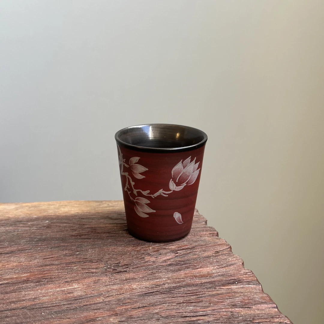粉引手绘玉兰直口杯.2417.山楂红茶杯陶瓷功夫茶具中式复古家用