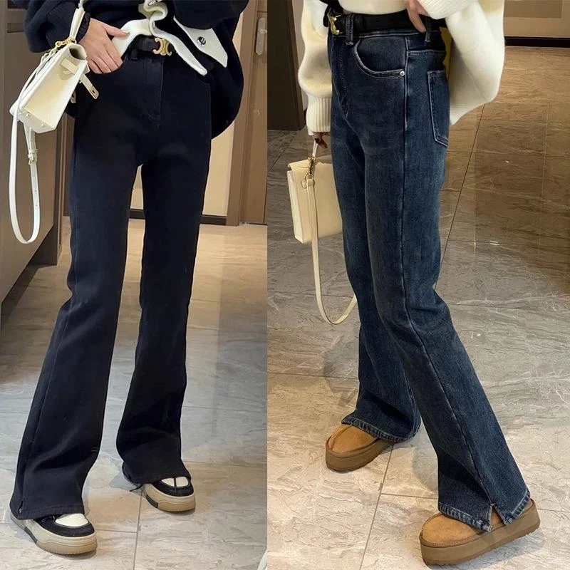 开叉牛仔裤开叉弹力微喇叭牛仔裤女秋冬新款胖妹妹mm宽松显瘦梨型