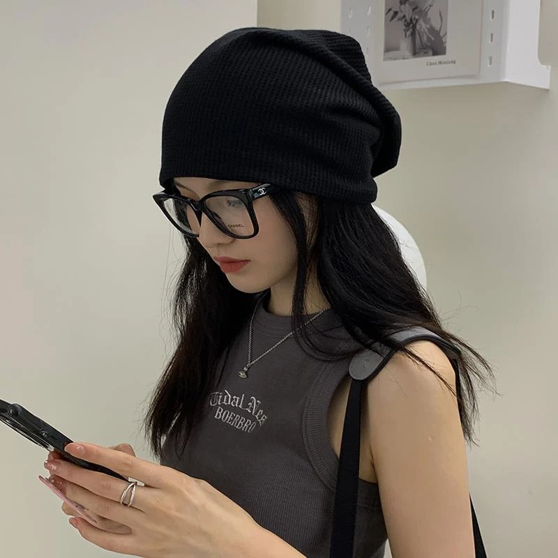 冷帽显脸小黑色帽子女春秋百搭毛线帽冷帽包头帽潮冬针织堆堆帽男