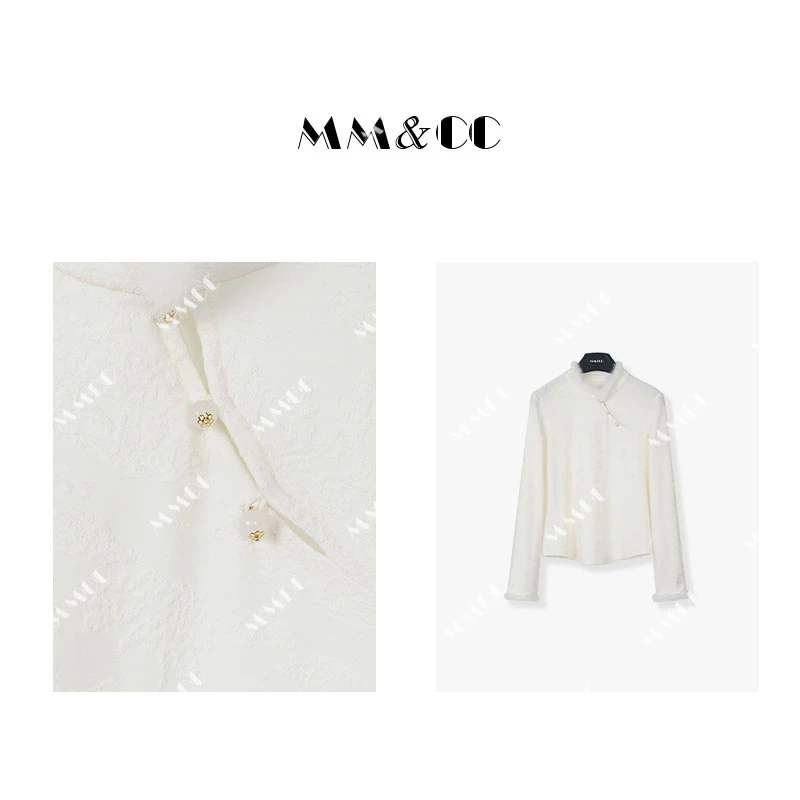 【萝岚】新中式国风提花打底衫女2023新款拼接貂毛刺绣内搭t恤E6915