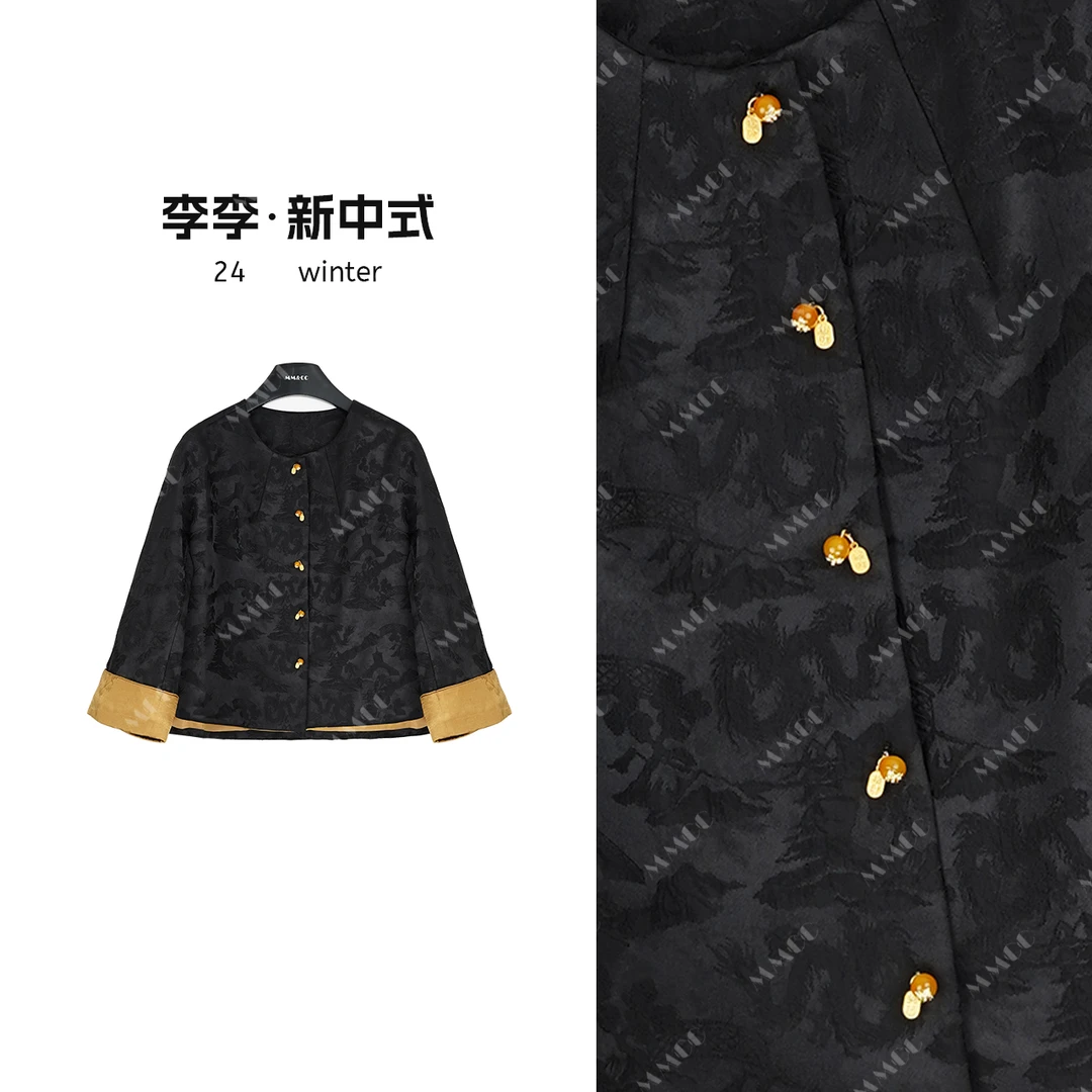 【玉锦】新中式拼袖撞色棉服新款圆领改良轻国风提花外套MCFMF1280