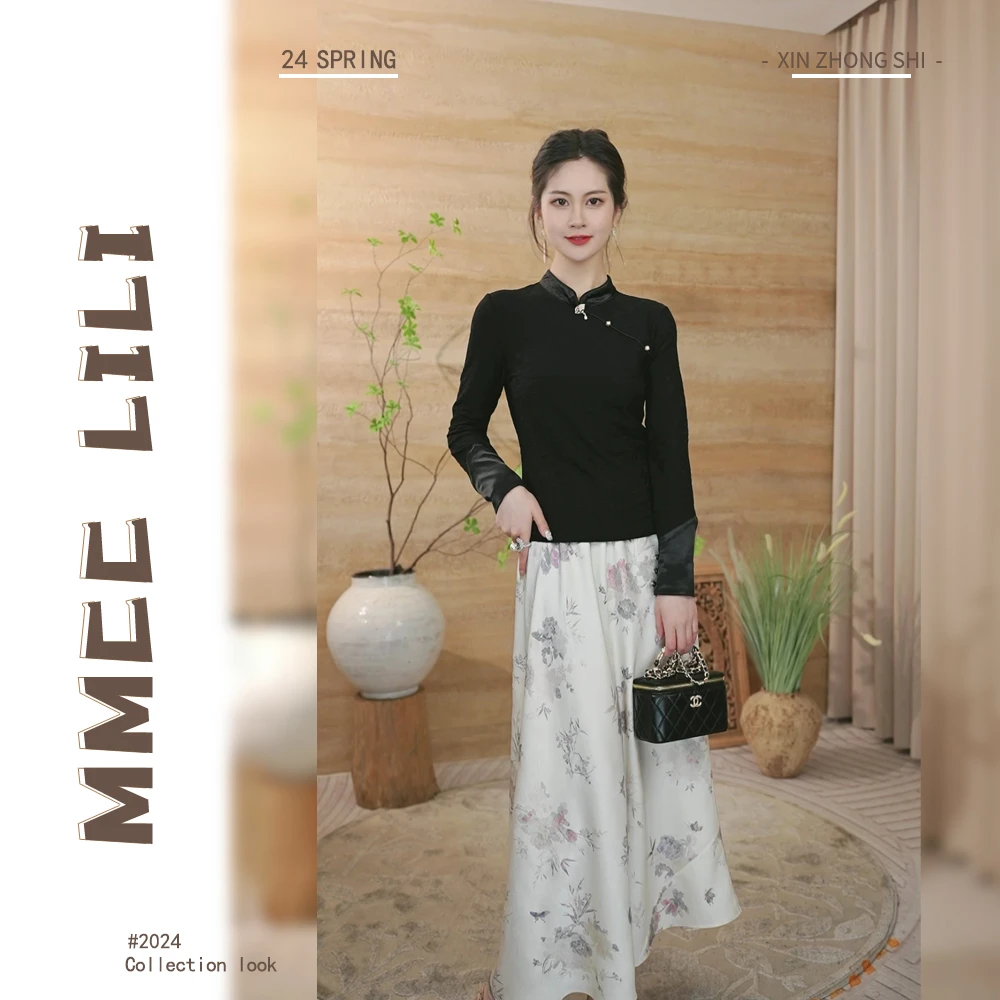 仫赐【屿扇】新款新中式国风斜门襟设计上衣小众设计感小衫F9177