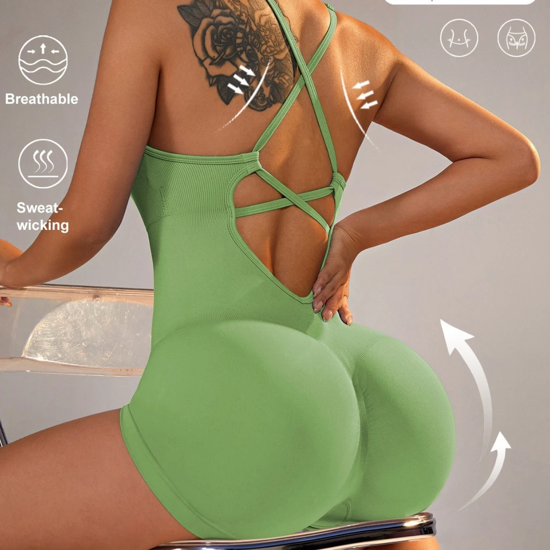 欧美裸感连体瑜伽服女可调节肩带舞蹈健身运动连体健身服带胸垫