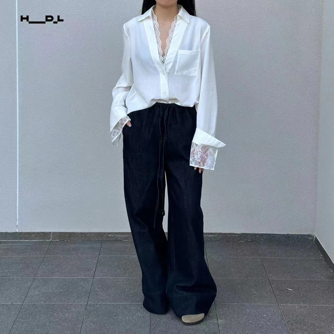 【lulu专属】HDL 浪漫白V领天丝拼接蕾丝衬衫