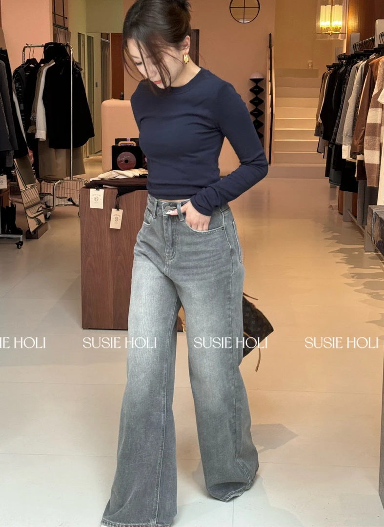 SUSIE HOLI 烟灰色直筒拖地显瘦牛仔裤