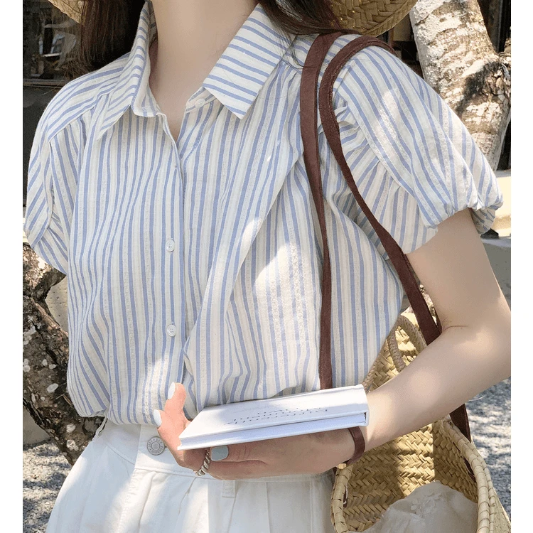 004#条纹蓝衬衫女法式短袖温柔衬衣小众超好看上衣夏拼接