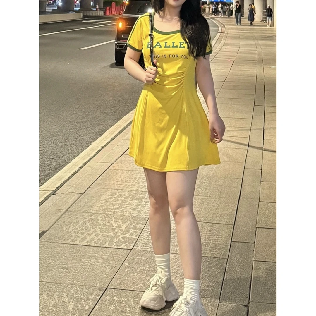 微胖mm热辣美式连衣裙复古印花撞色开叉辣妹连衣裙