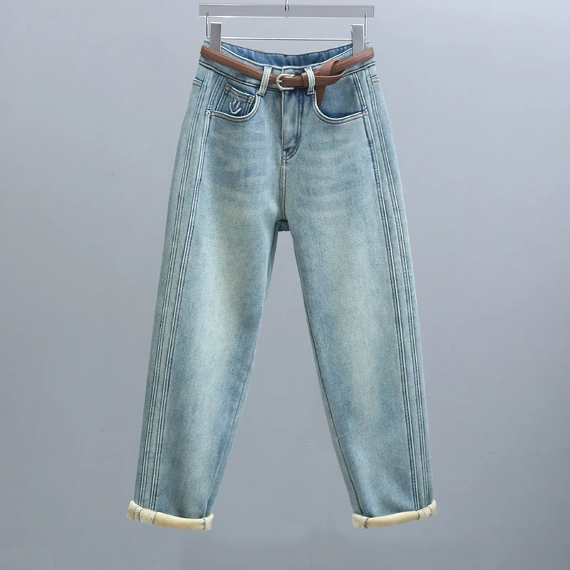 冬季复古蓝色高腰哈伦裤女宽松水洗老爹裤时尚加绒加厚显瘦牛仔裤