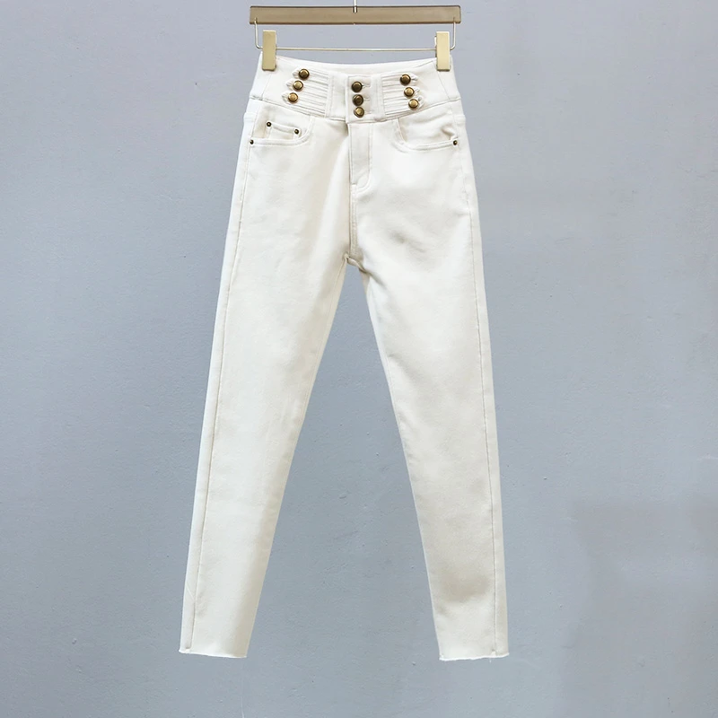 冬季高腰小脚裤显瘦弹力紧身加绒加厚米白色牛仔裤欧货新款铅笔裤