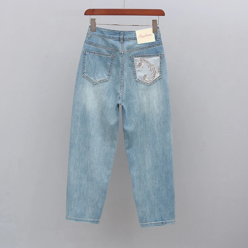 夏季宽松时尚高腰牛仔裤女薄款百搭浅蓝色九分老爹裤绣花哈伦裤潮