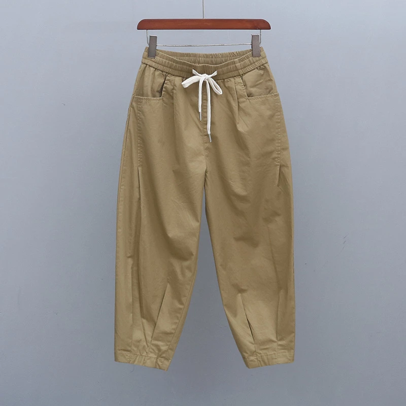 夏季宽松纯色百搭松紧腰休闲裤2024年新款薄款8分束脚哈伦萝卜裤