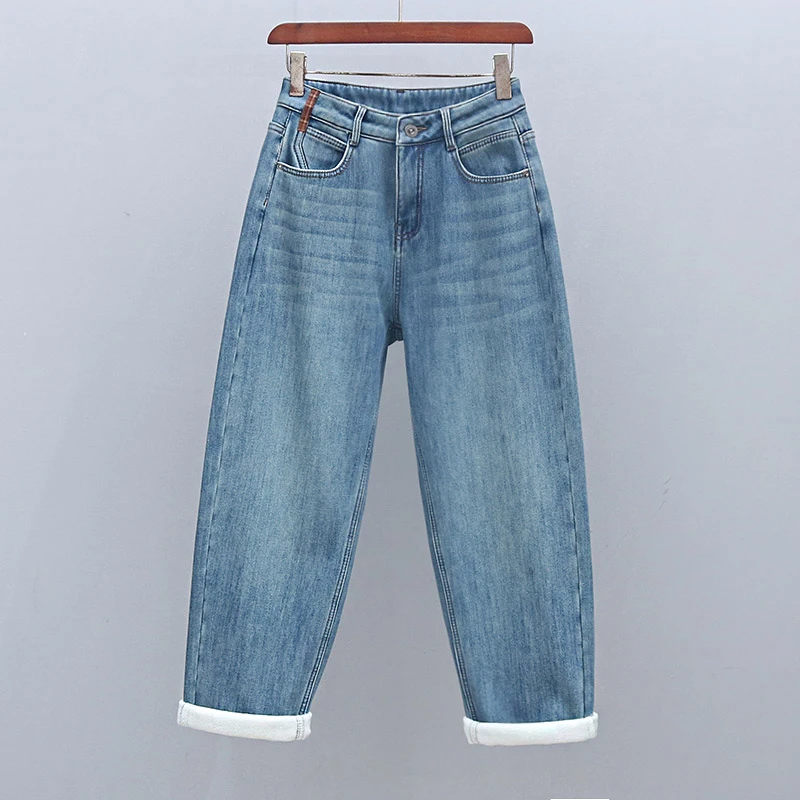 老爹裤韩版潮流宽松加绒冬季牛仔裤2024年新款弹力百搭显瘦哈伦裤