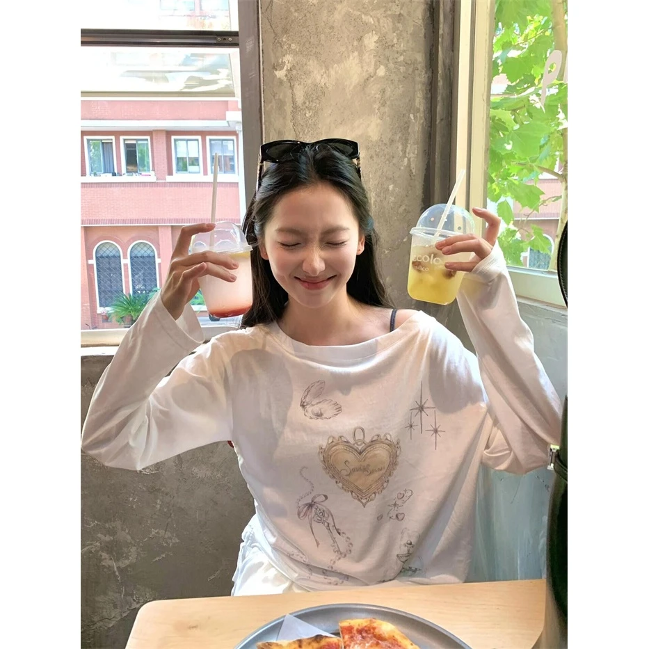 白色印花薄款长袖防晒T恤女夏季新款高级感气质宽松显瘦洋气上衣