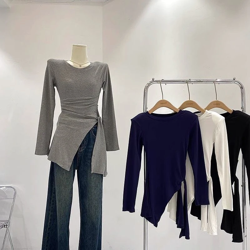 不规则绑带短袖T恤女2025秋冬新款显瘦洋气正肩开叉时尚收腰上衣