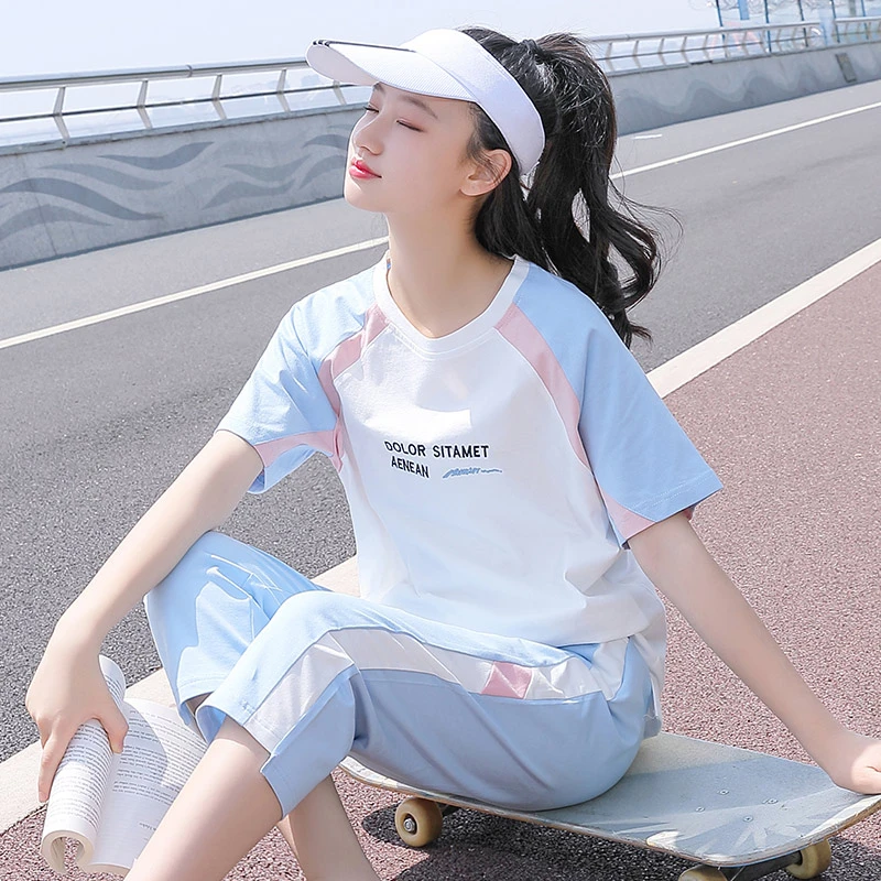 初中生女运动套装夏装中学生新款少女短袖运动装女大童学院风休闲