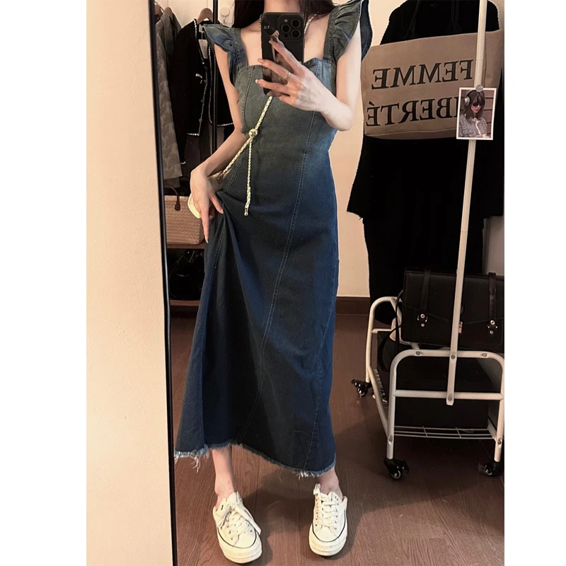 夏季高个子女装法式牛仔吊带长裙到脚踝加长版设计感长款连衣裙子