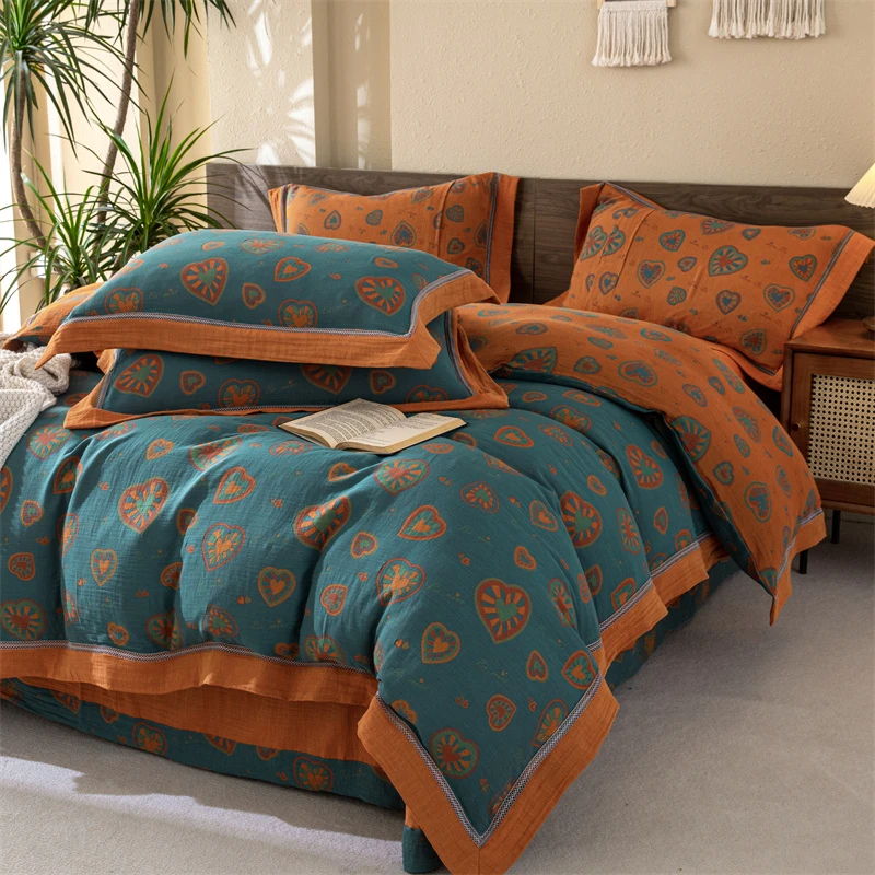 恋心镂空款轻奢全棉双层纱四件套 A类母婴级色织提花床品被罩