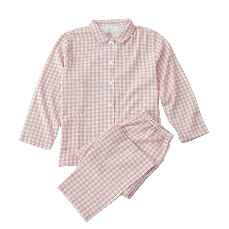 【断码糖果色】简约格子全棉双层纱女家居服春秋宽松大码睡衣套装