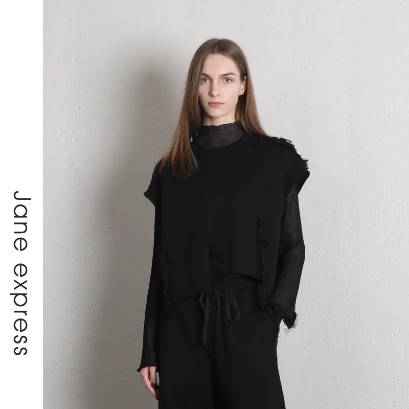 Jane express/简表达24年春黑色时尚无袖短款卫衣马甲CWY46001
