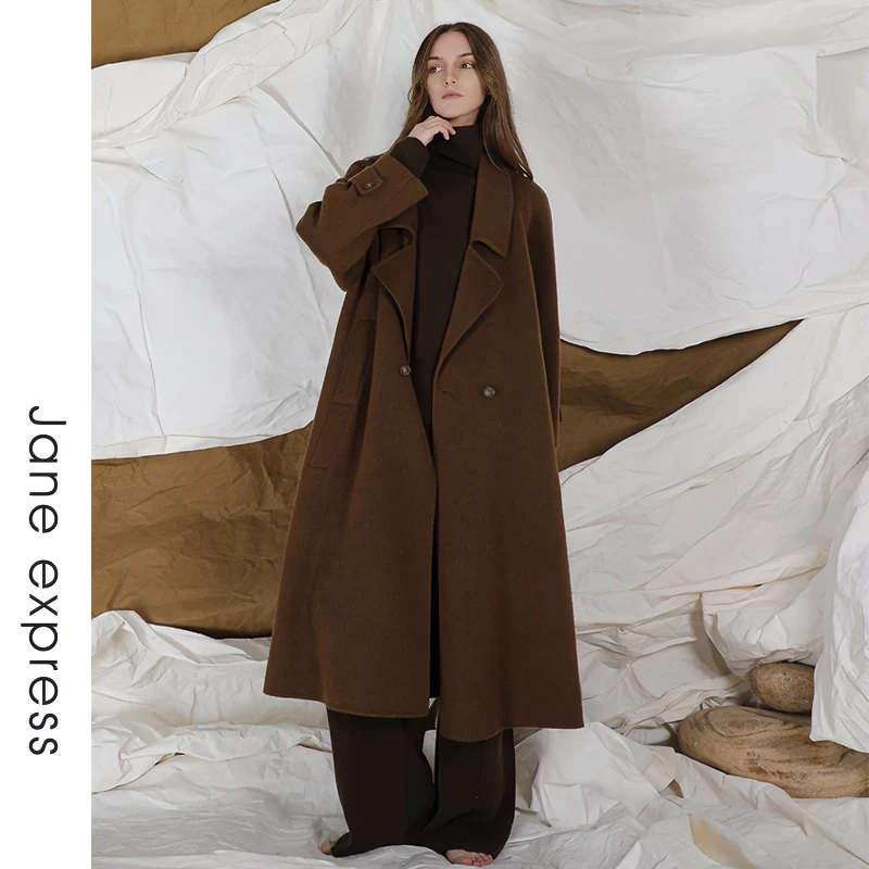 Jane express/简表达秋冬长款毛呢含骆驼绒大衣气质宽松DDY21005