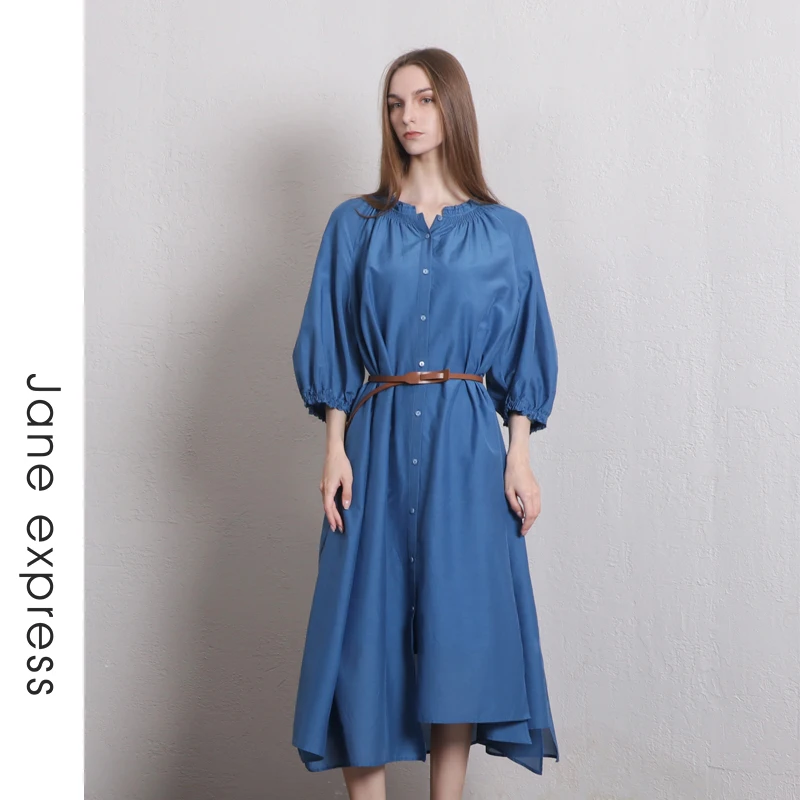 Jane express/简表达宽松连衣裙女装连衣裙气质法式XLY43002蓝色