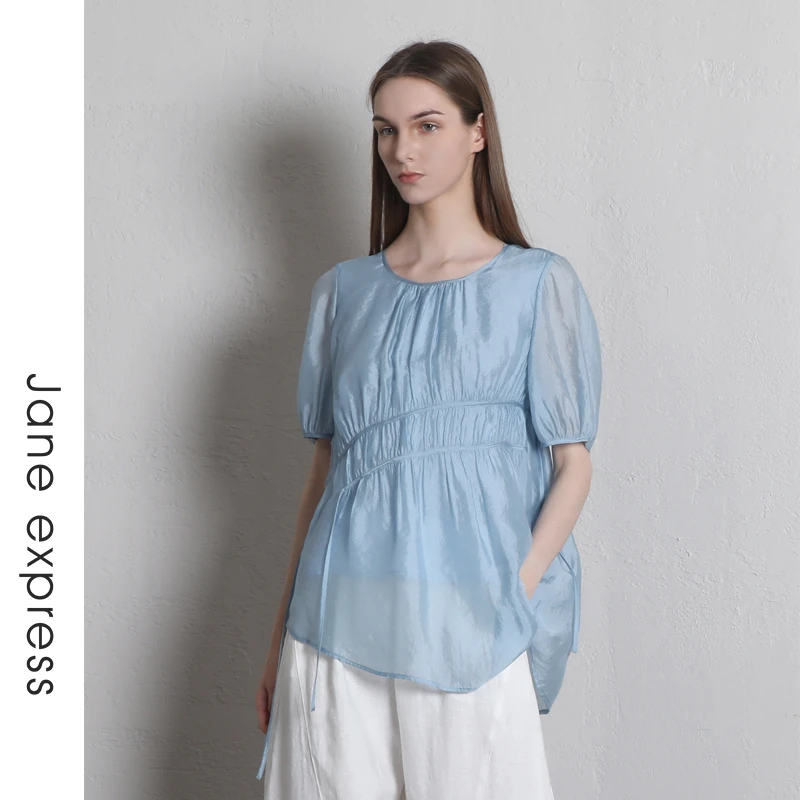 Jane express/简表达24年气质时尚夏季圆领小众上衣衬衫XZS43007