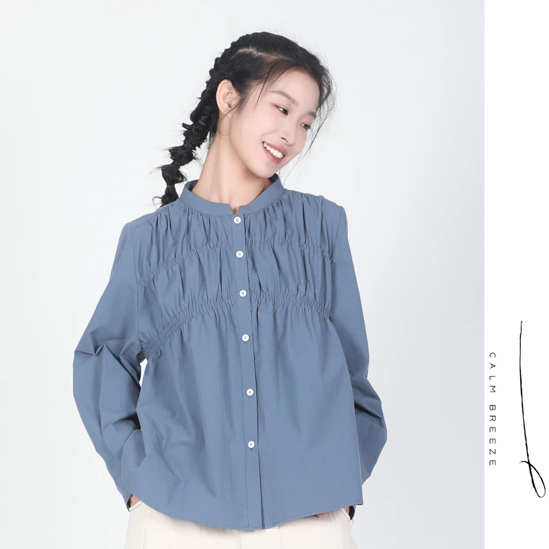 Jane express/简表达24春新长袖百搭衬衫褶皱蓝色衬衣CCY4012