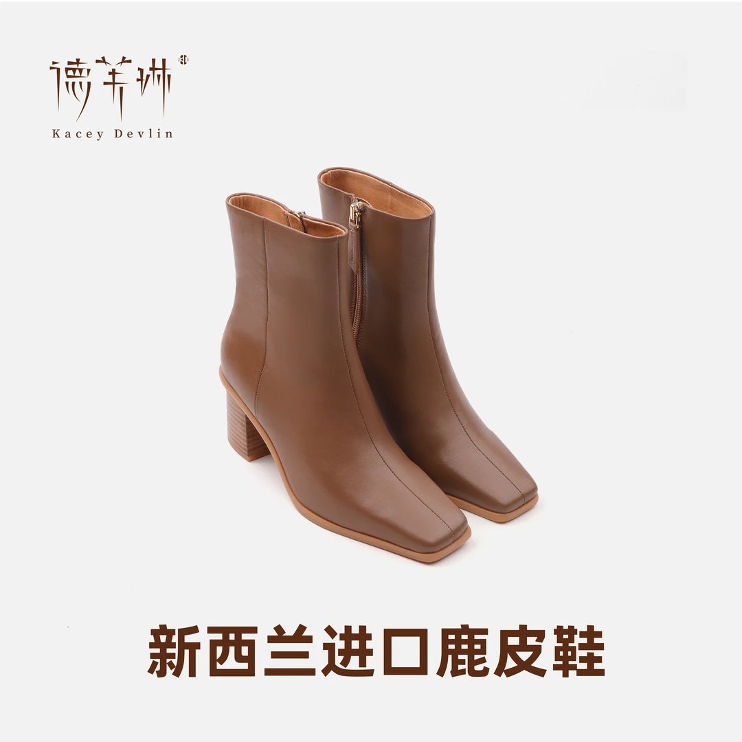 【福利款】德芙琳复古方头靴雅丹秋季气质粗跟真皮时尚尖头中跟靴子