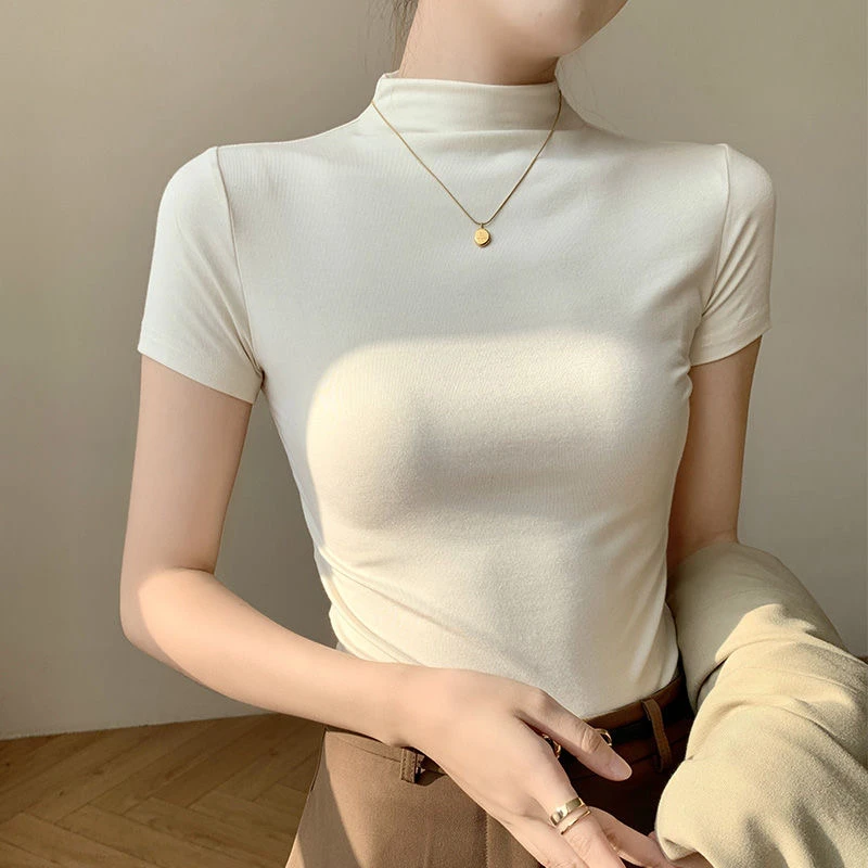 3172#螺纹棉正肩短袖T恤女春夏修身显瘦百搭时尚小立领上衣女