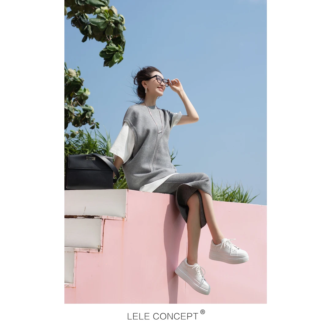 【LELE】新款宽松后拉链百搭无袖针织上衣时尚风纯色休闲打底Y0062