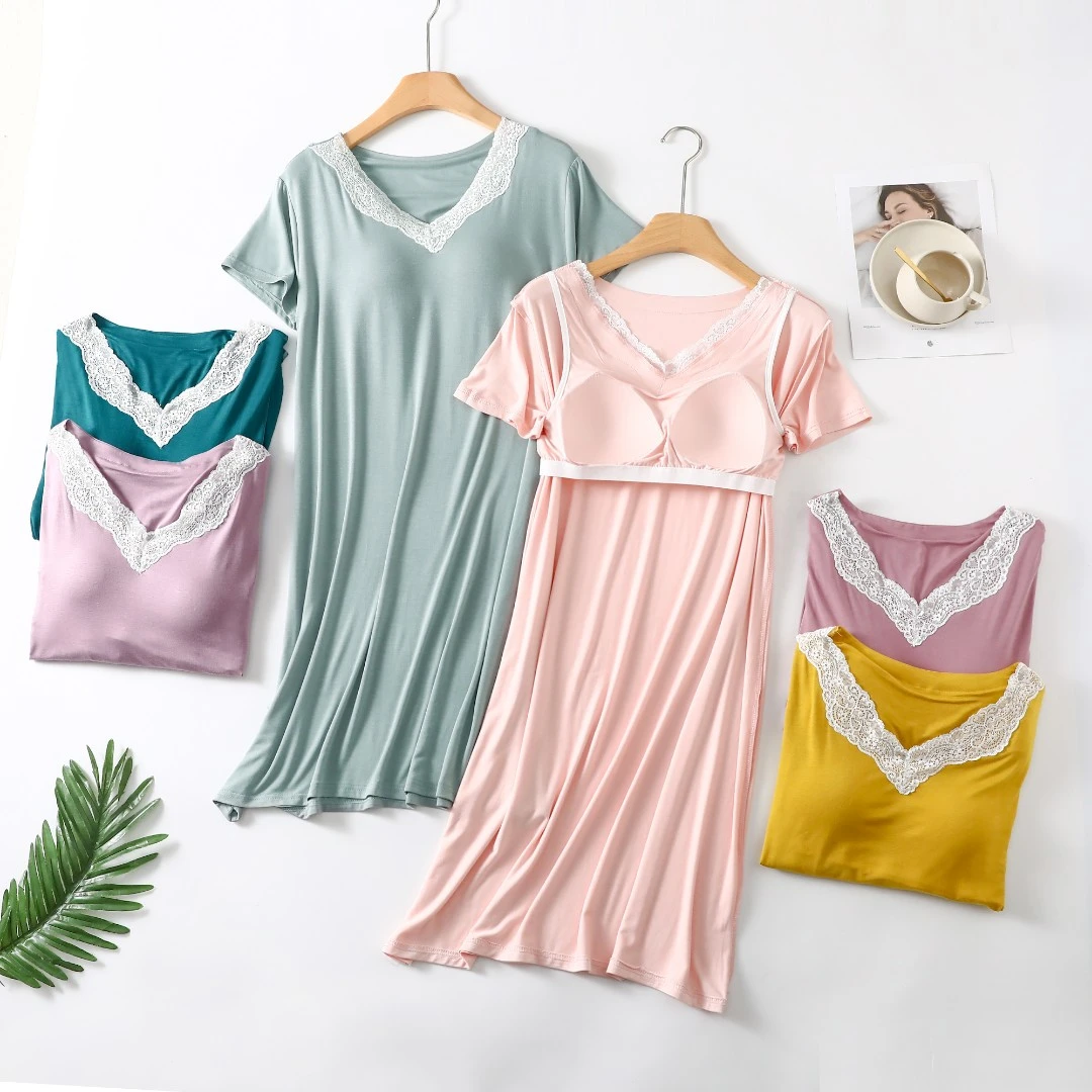 夏季新品24夏款蕾丝领优雅胸垫睡裙薄舒适软家居服82304051Q